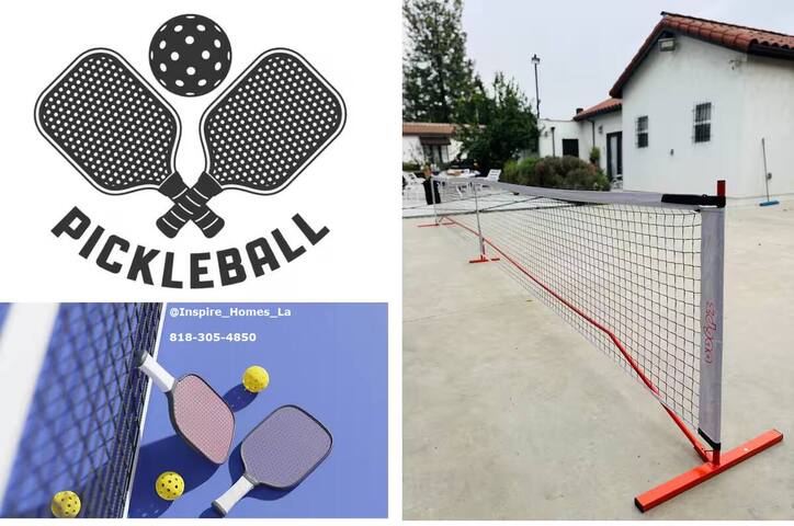 Pickleball equipment and portable net on the court